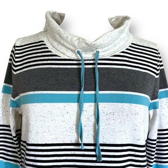 T by Talbots Womens Top Medium Petite MP Gray Blue Stripe Cowlneck Pullover - Picture 5 of 7